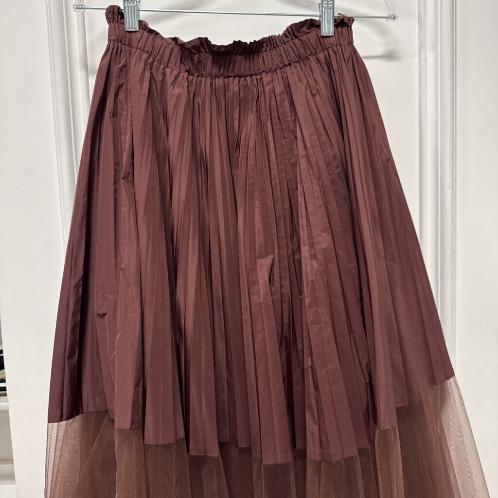 Brown Pleated Tulle Midi Skirt