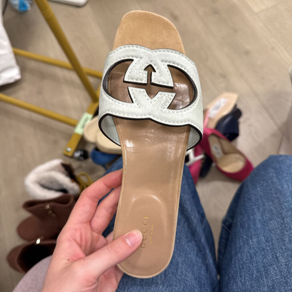 Green Suede Logo Slide Sandals