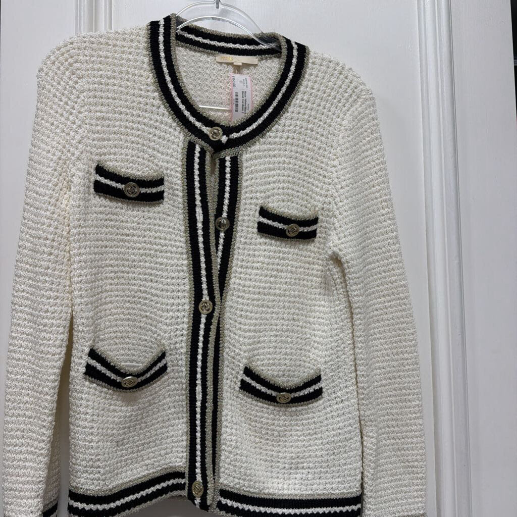 White/Black Cotton/Linen Blend Cardigan