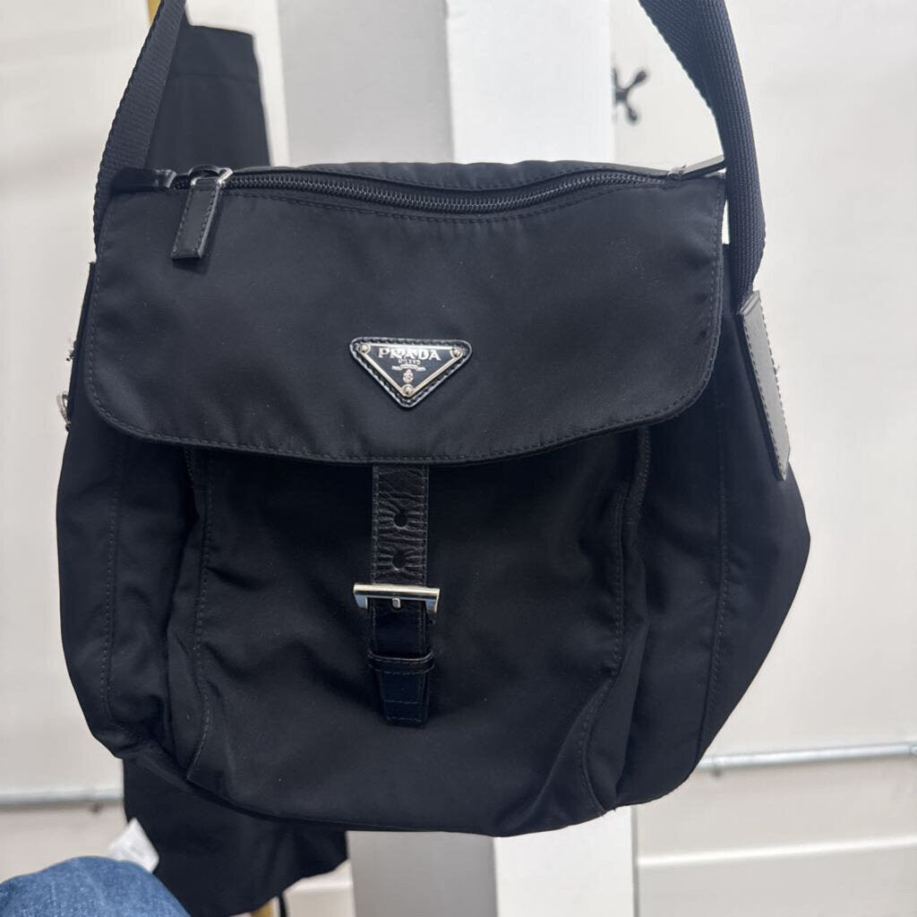 Black Nylon Messenger Crossbody Bag