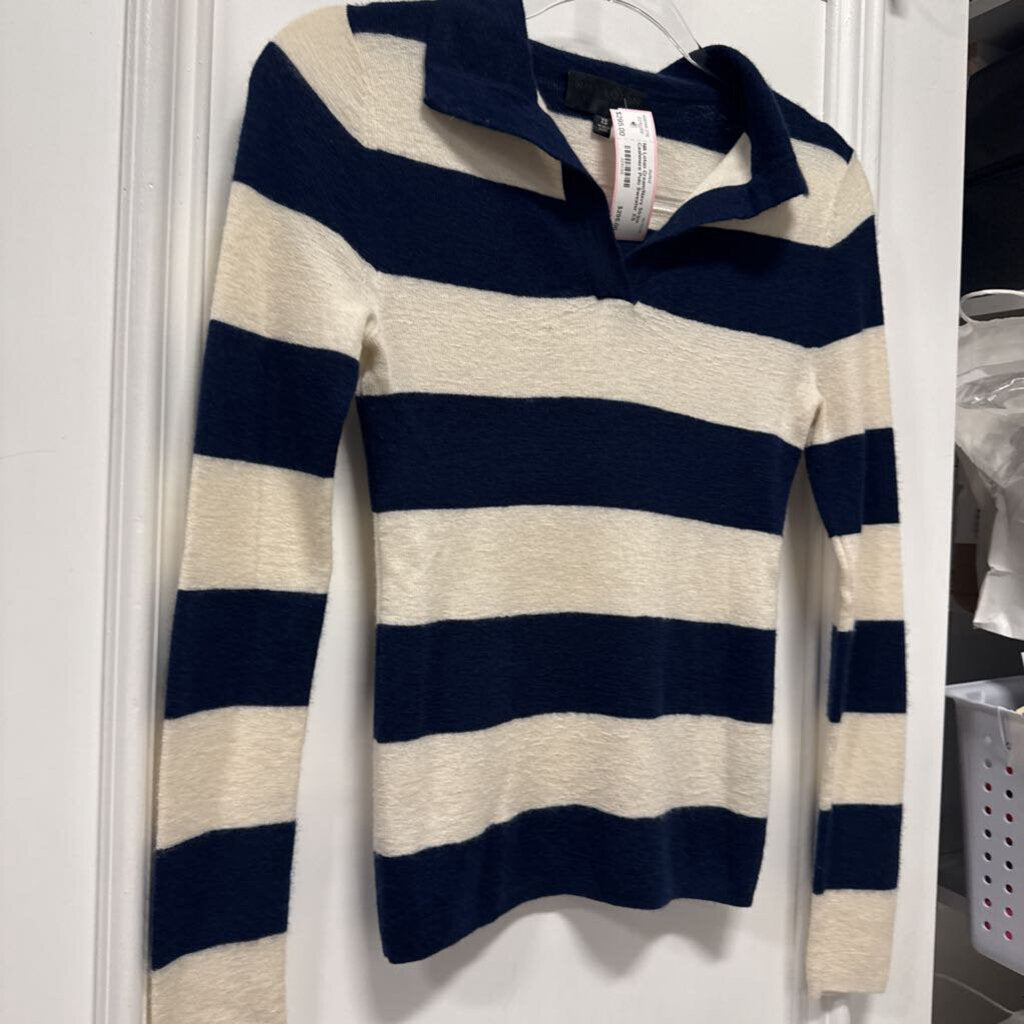 Cream/Navy Stripe Cashmere Polo Sweater