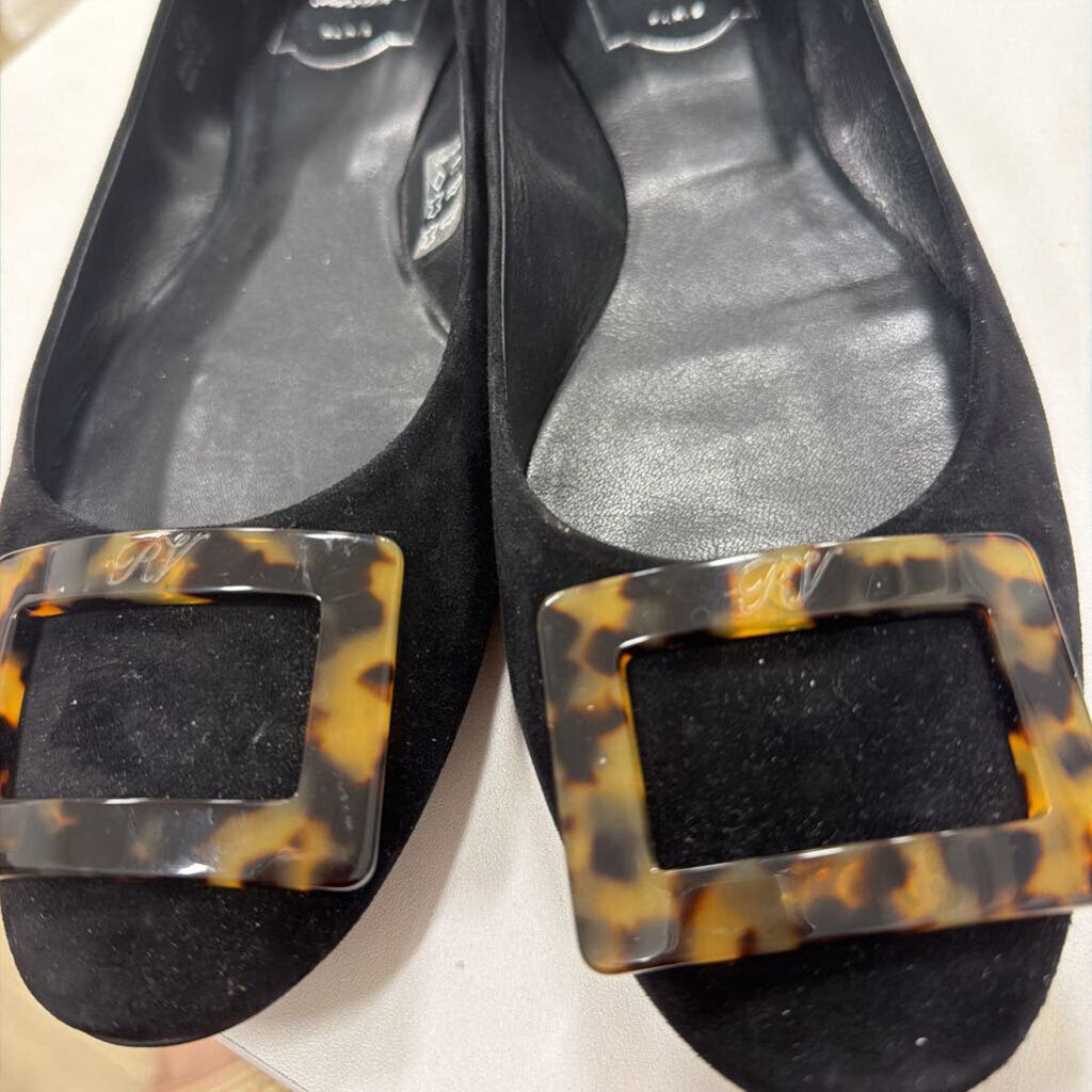Black Suede Tortioseshell Buckle Flats, 40.5