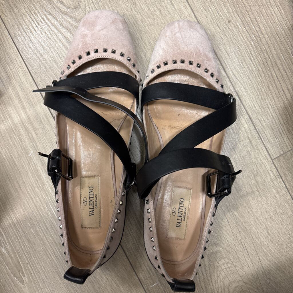 Valentino Gray, Black, Suede, and Leather Rockstud Flat
