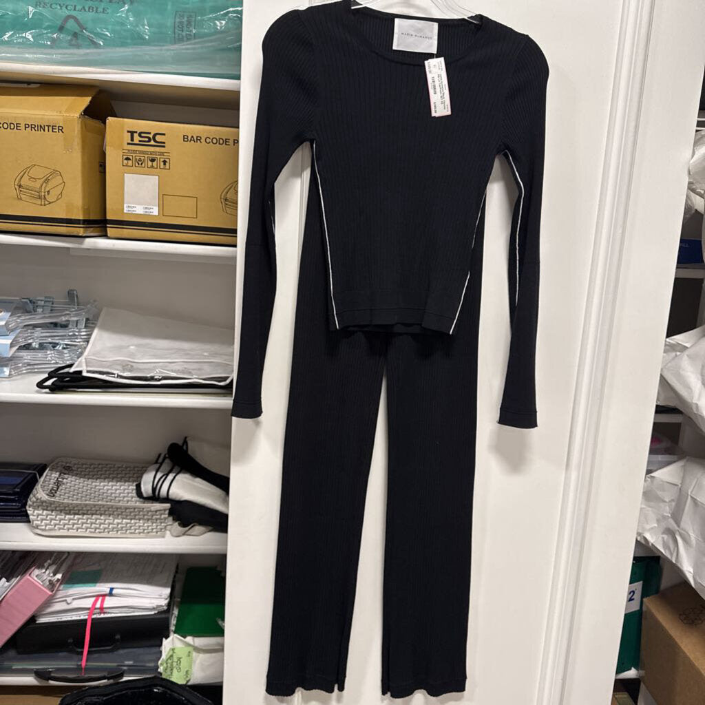 Black Viscose Rib LS Top/Pants SET