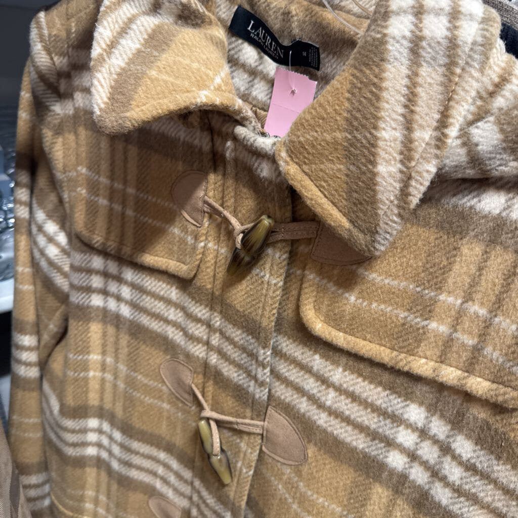 Beige Plaid Hooded Wool Blend Coat