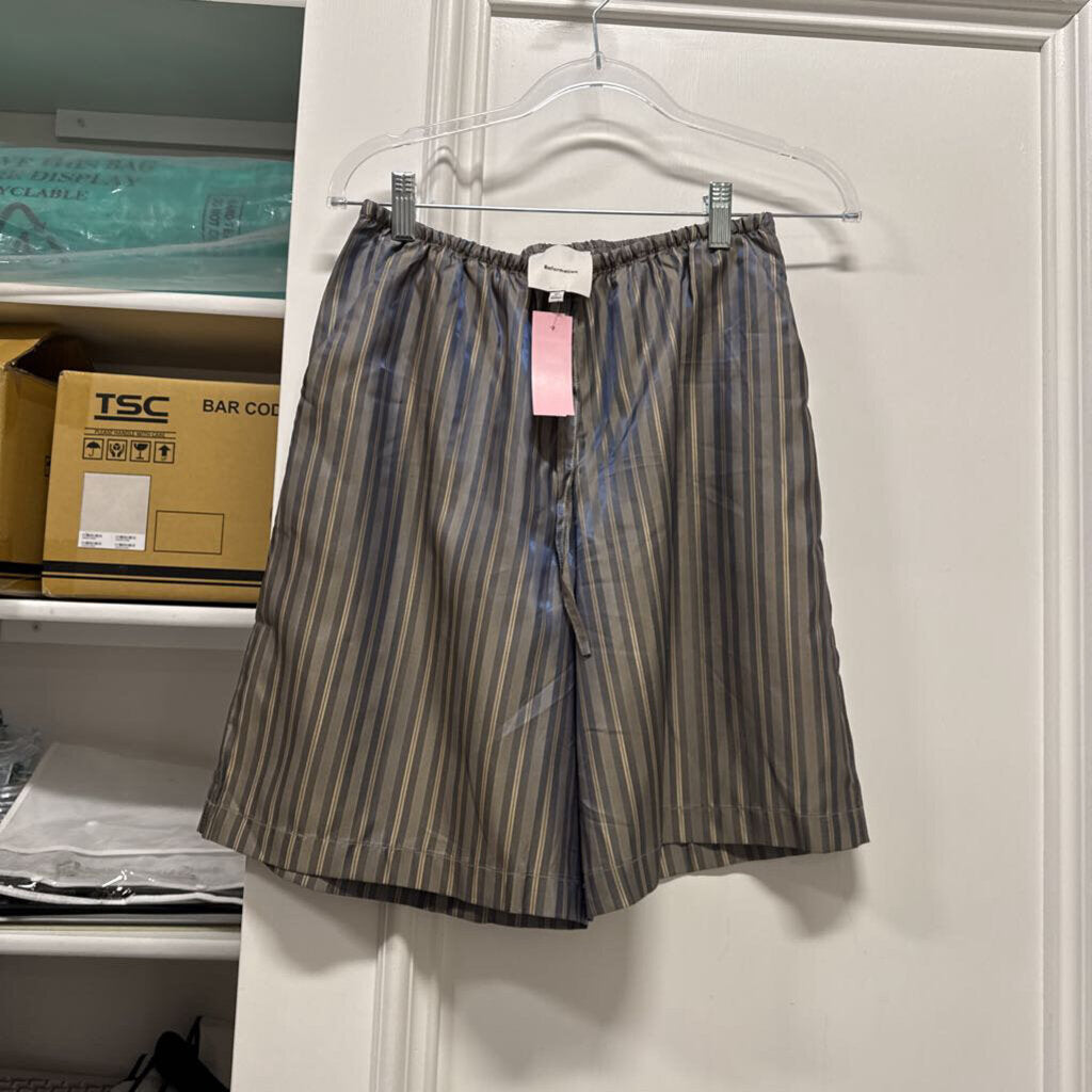 Tan/Blue Rayon Satin Striped Shorts