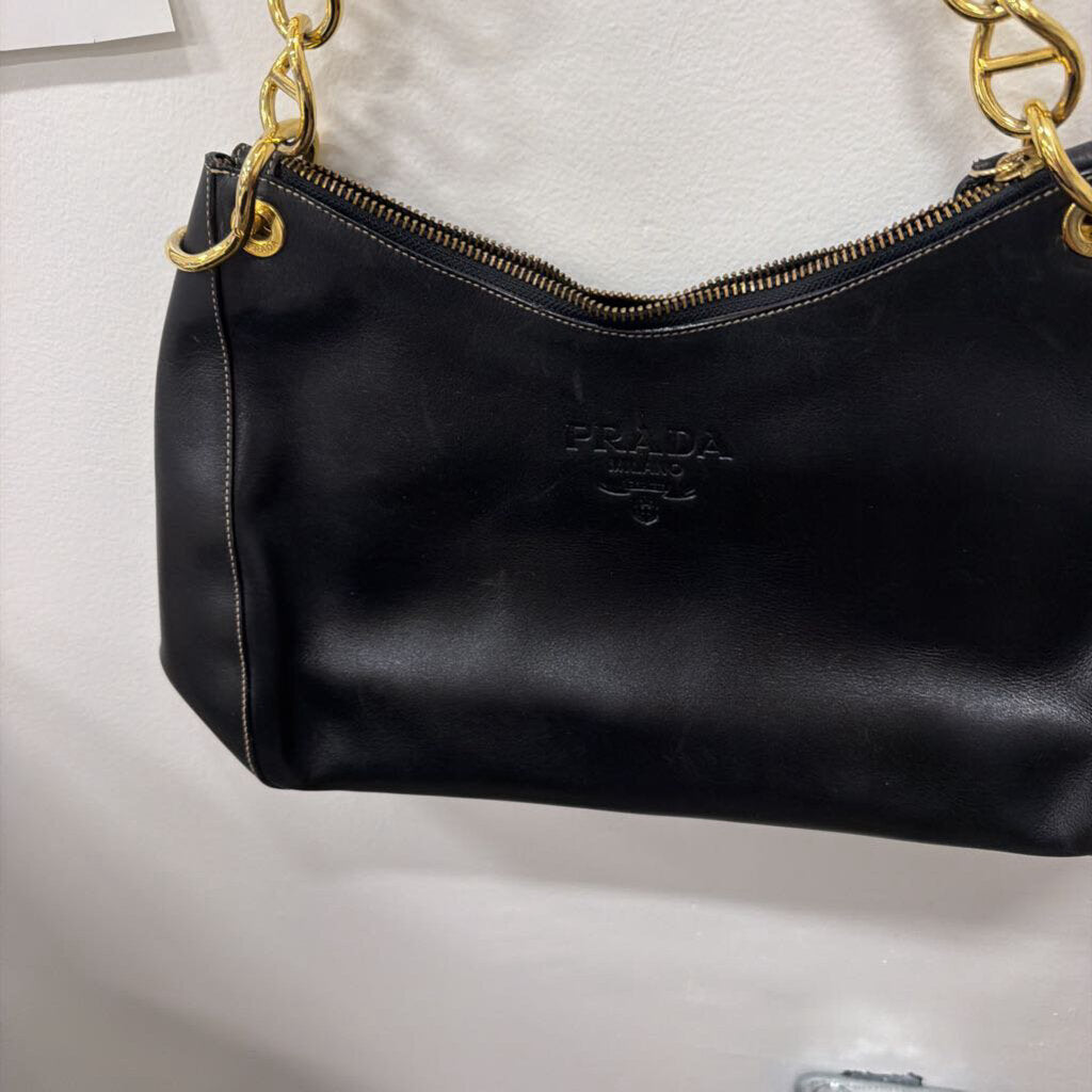 Black Leather Gold Chain Handle Handbag
