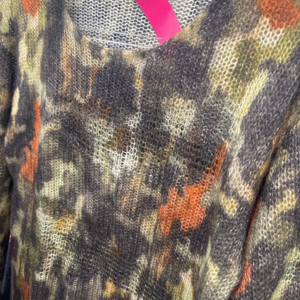 Green Printed Mohair Blend Distressed Sweater