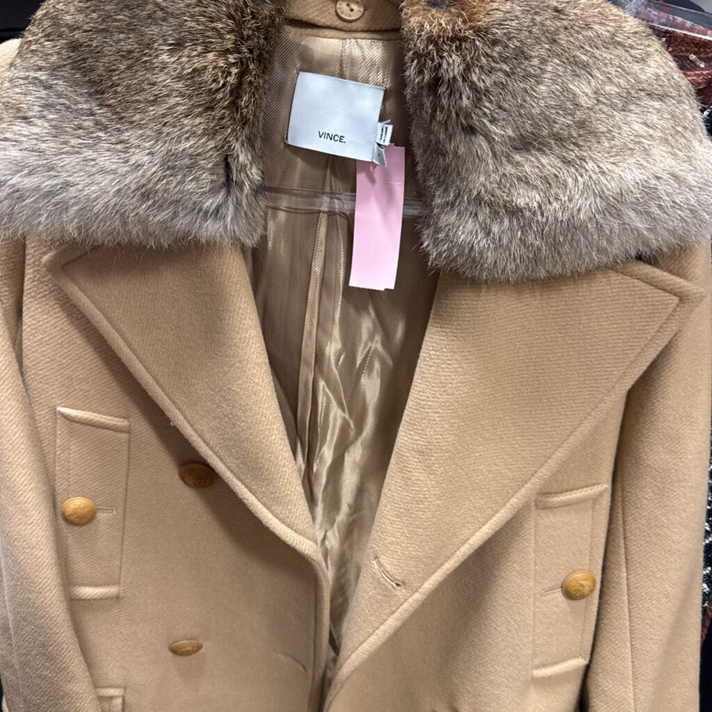 Tan Wool Blend Rabbit Fur Trim Coat