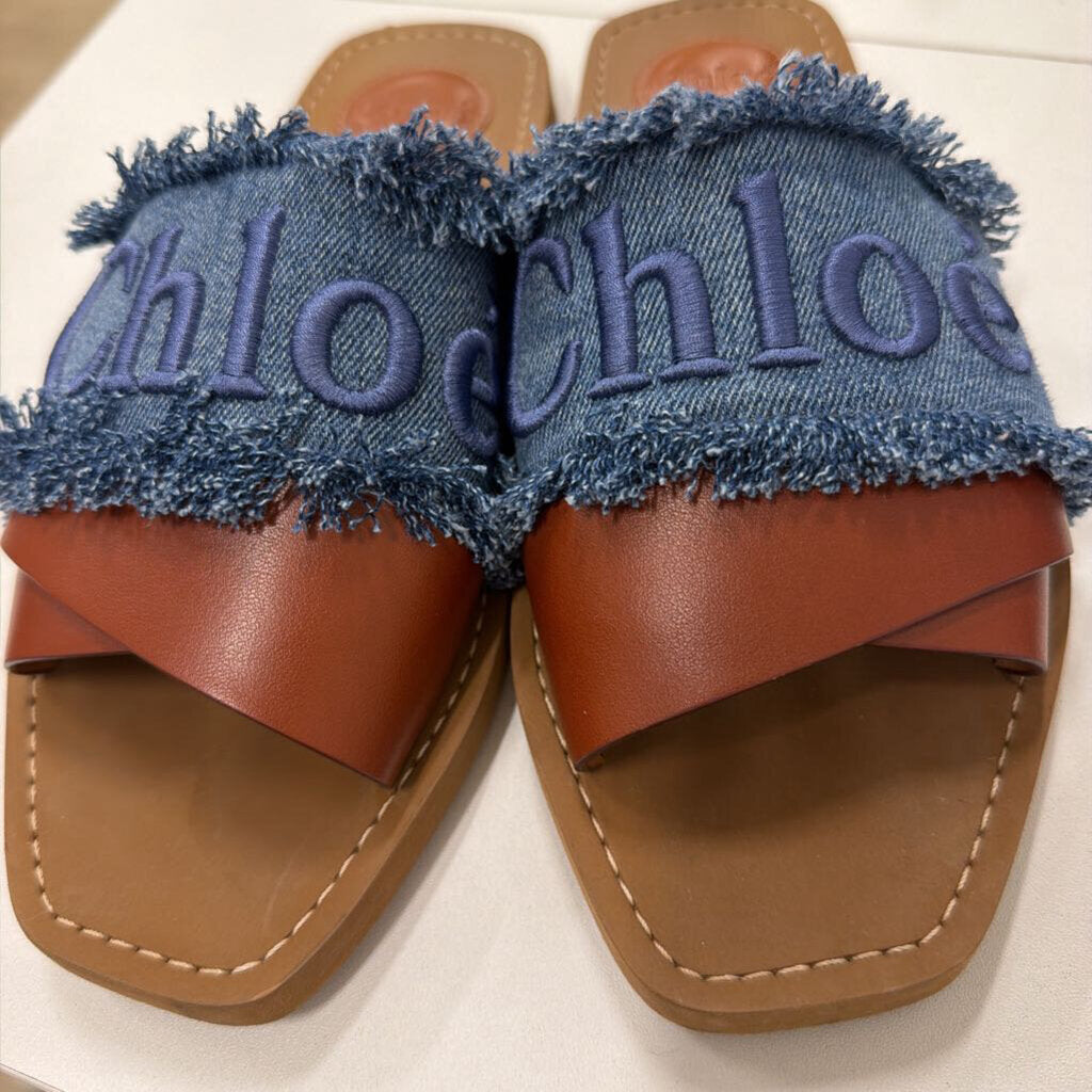Denim Brown Leather Slides, 38