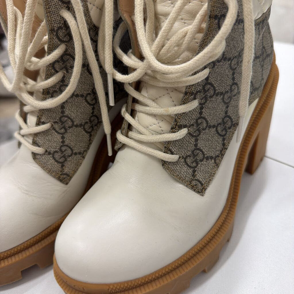 Cream Leather GG Canvas Combat Ankle Boot, 38