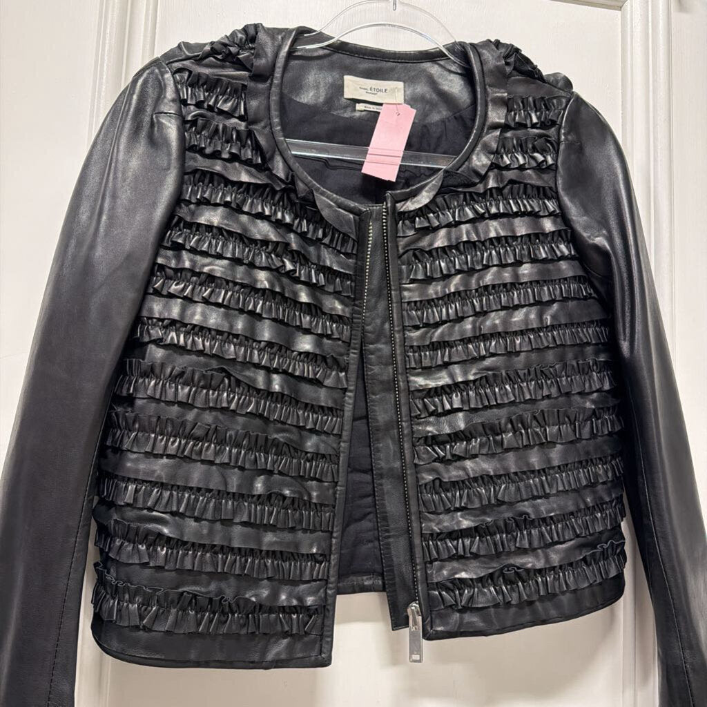 Black Leather Ruffle Front Jacket