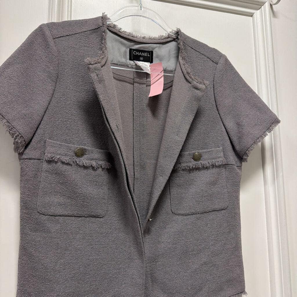 2008 Gray Wool/Nylon SS Tweed Fringe Button Up Top