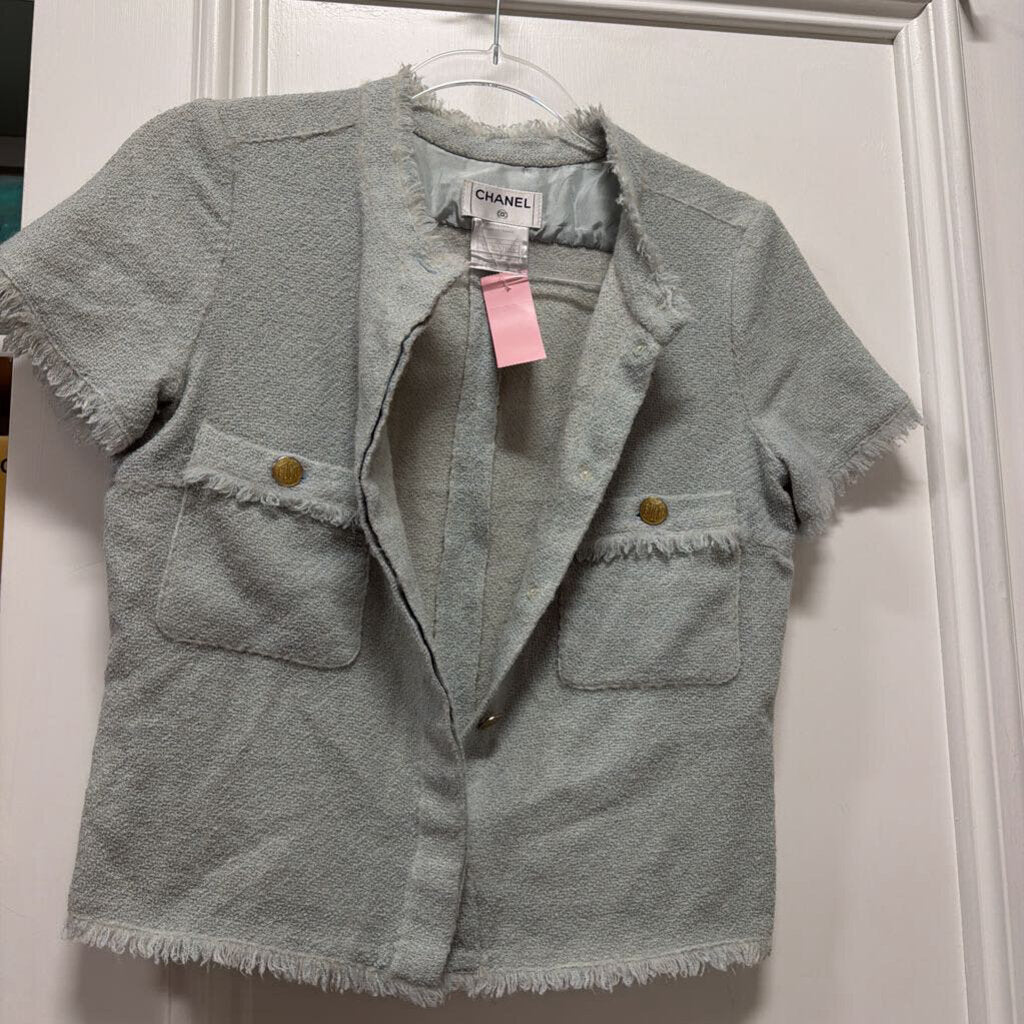 2008 Blue Wool/Silk Tweed Fringe SS Button Up Top