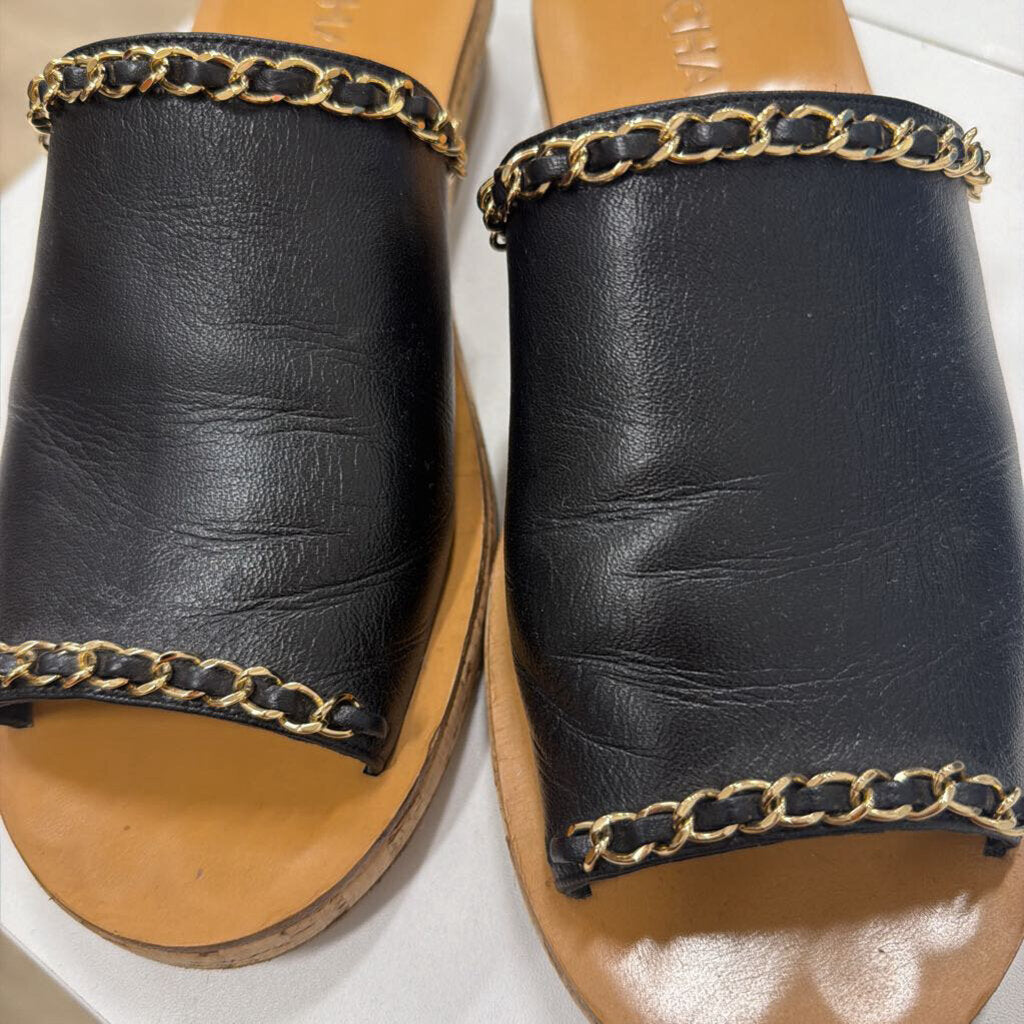 Black Leather Gold Chain Slides, 39.5