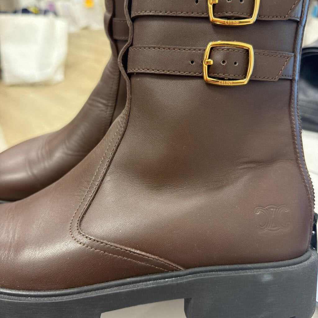 Brown Leather Moto Boot, 38