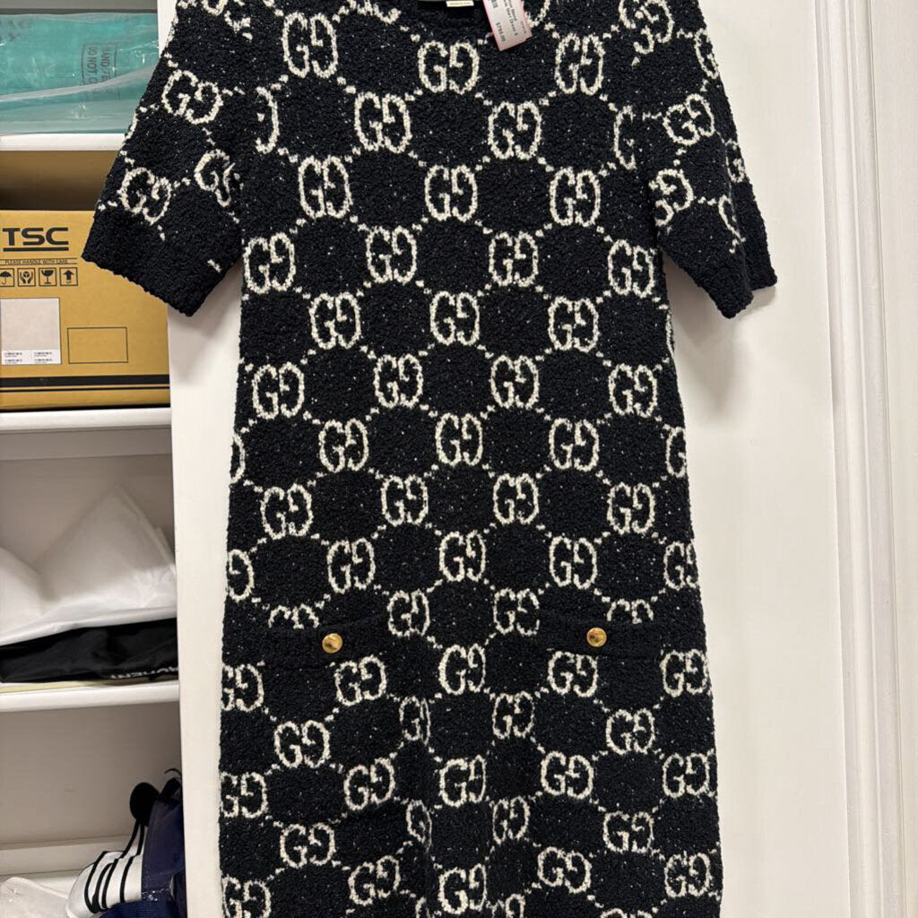 Black Cotton Blend Monogram Boucle Shirt Dress