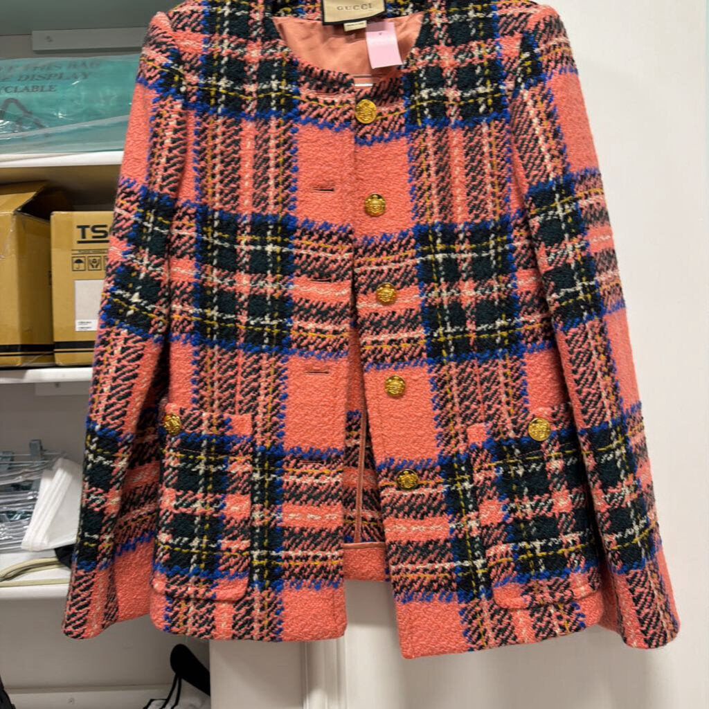 Pink Tartan-Check Wool Boucle Jacket