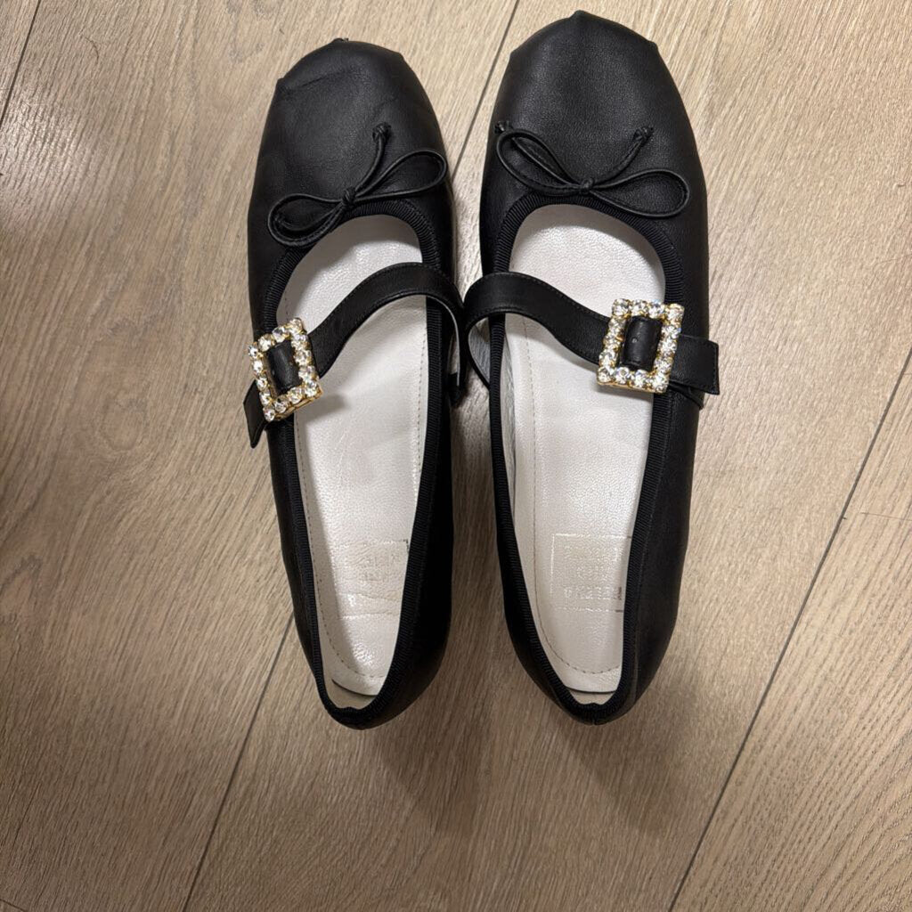 Black Leather Crystal Buckle Mary Jane Flat, 37.5