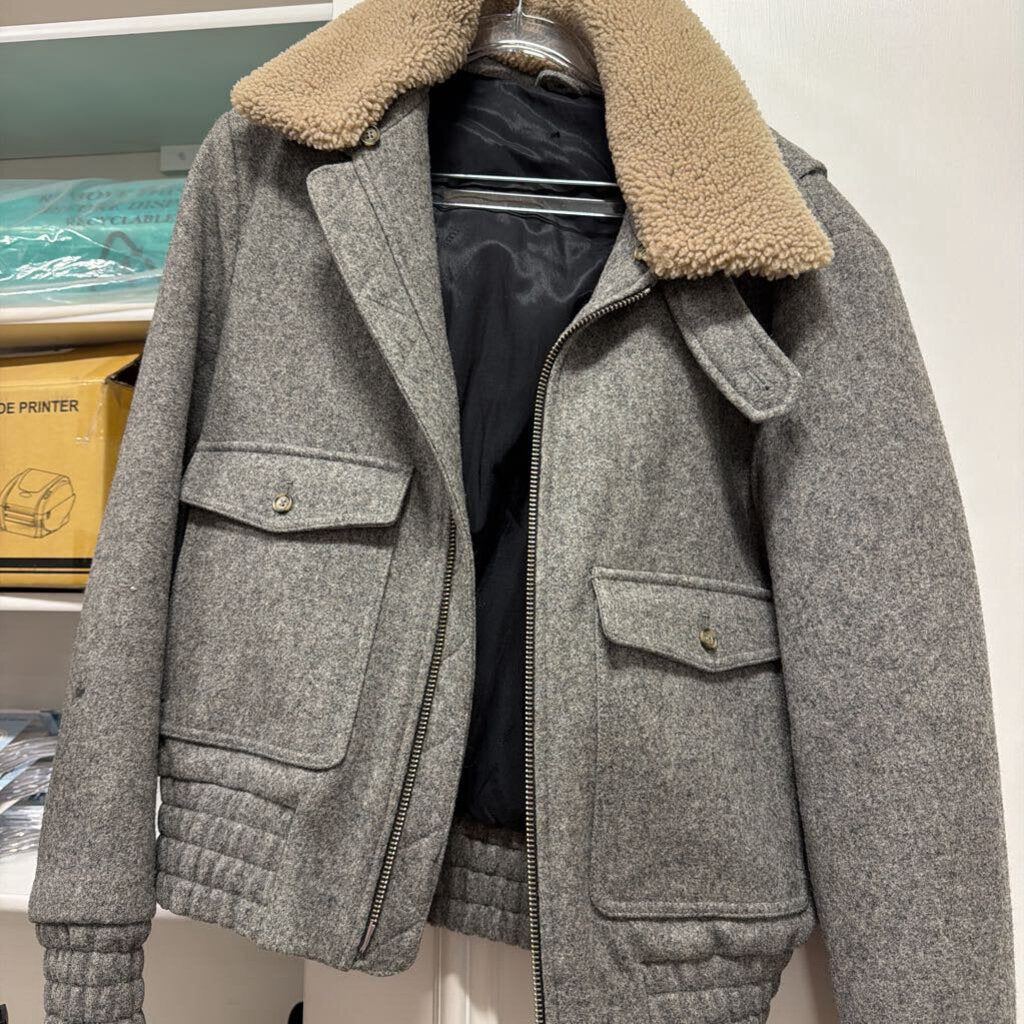 Grey Felted Wool Shearling Collar Jacket