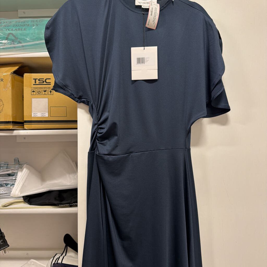 Navy Poly Ruched Waist Dress