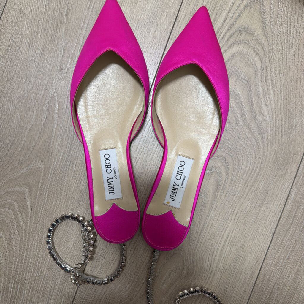 Fushia Pink Satin Crystal Flat, 37.5