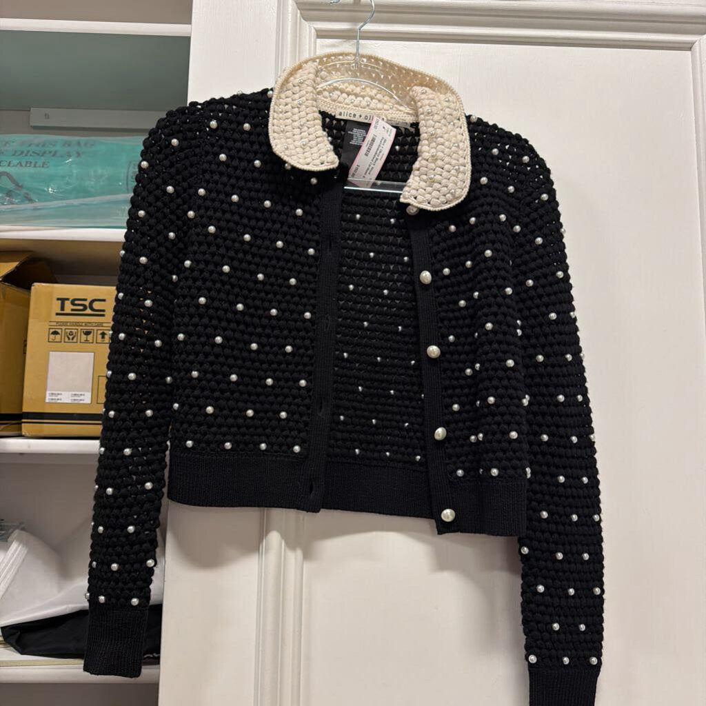 Black Wool Pearl-Embellished Cardigan
