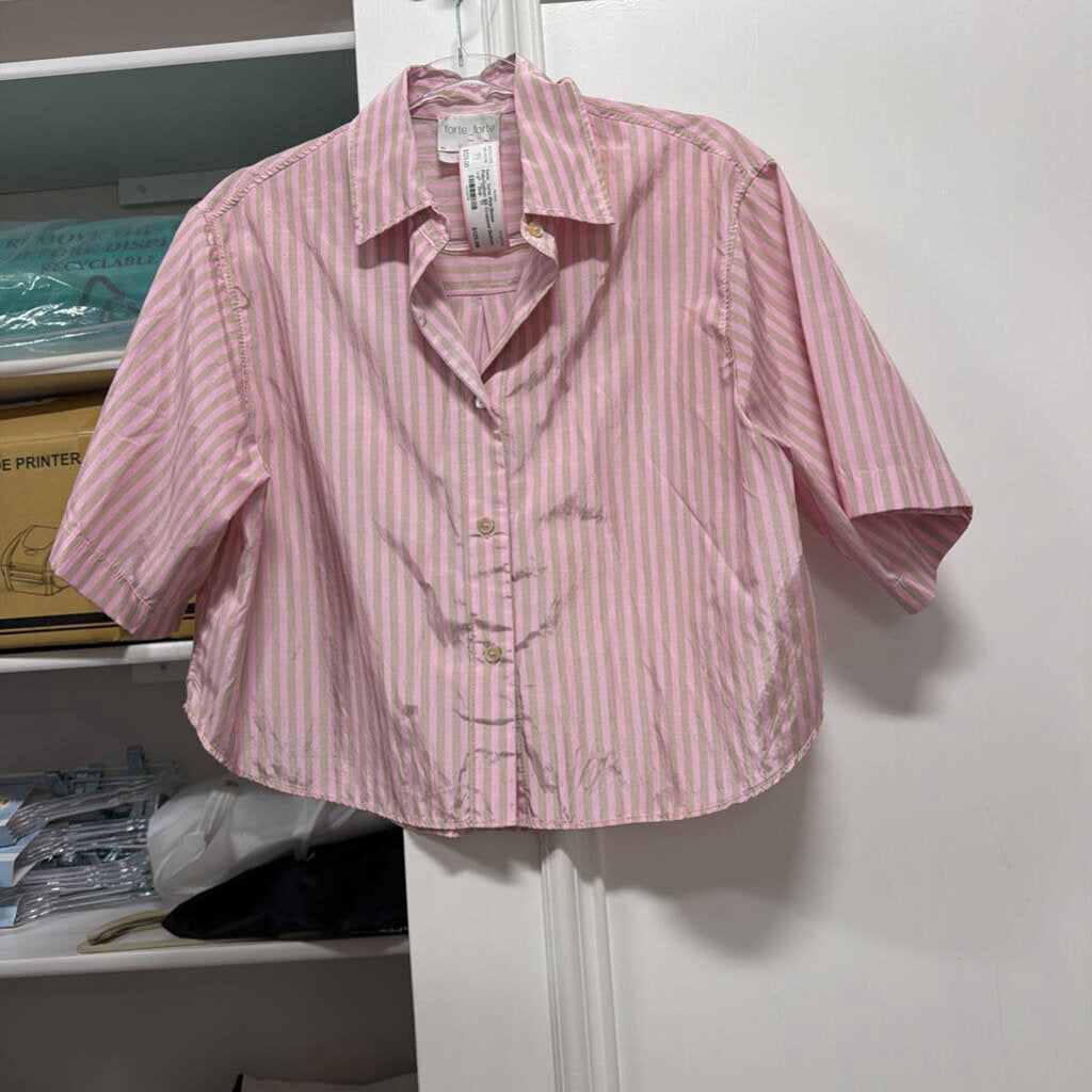 Pink/Beige Poly/Cotton SS Cropped Button Up Top