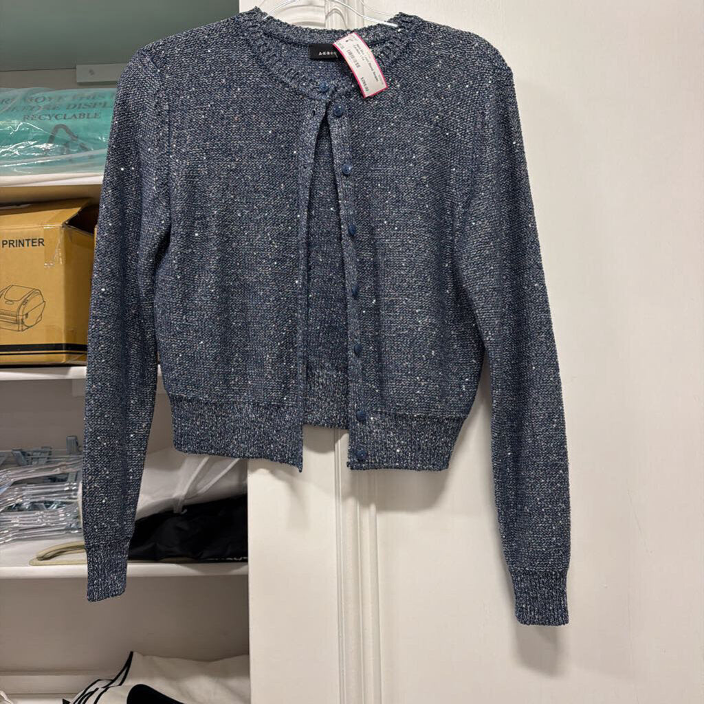 Blue Linen Blend Sequin Cardigan