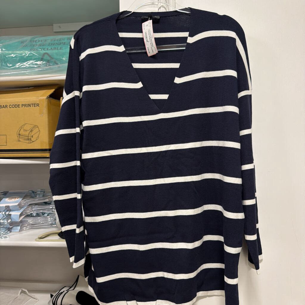 Navy/White Viscose Striped V Neck Sweater