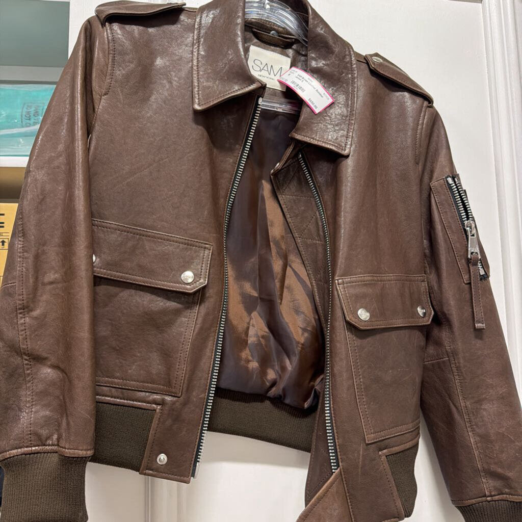 Brown Leather Bomber Jacket