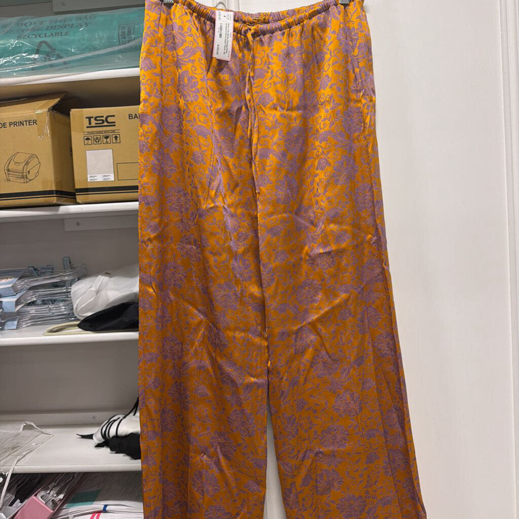 Orange/Pink Jacquard Floral Satin Pants