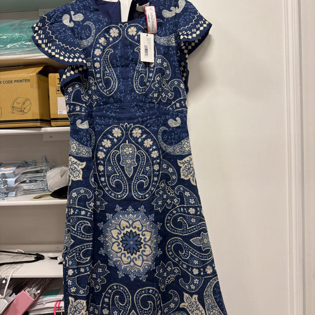 Blue/Cream Ramie Paisley Print Midi Dress