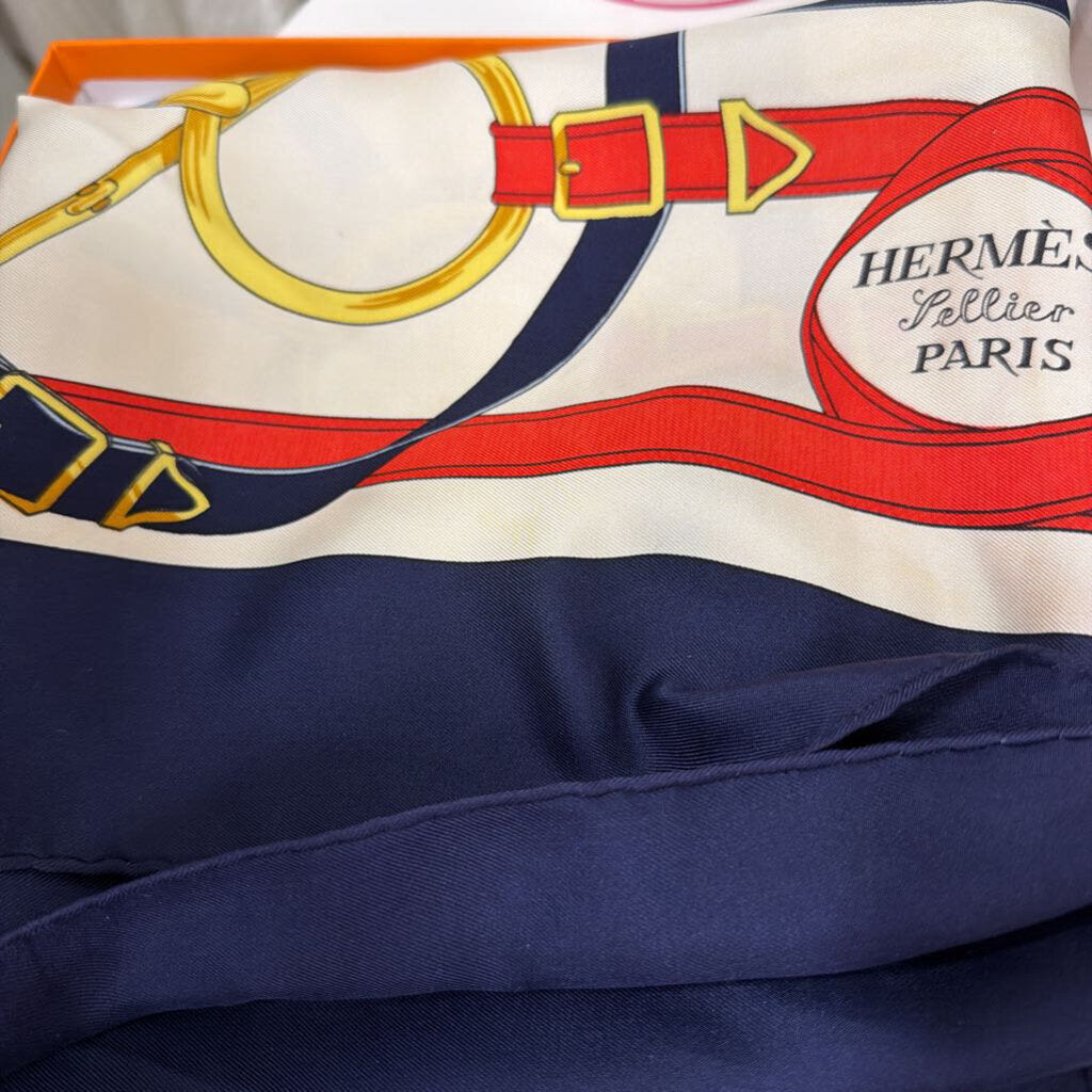 Navy Silk Print Scarf (as is discoloration)