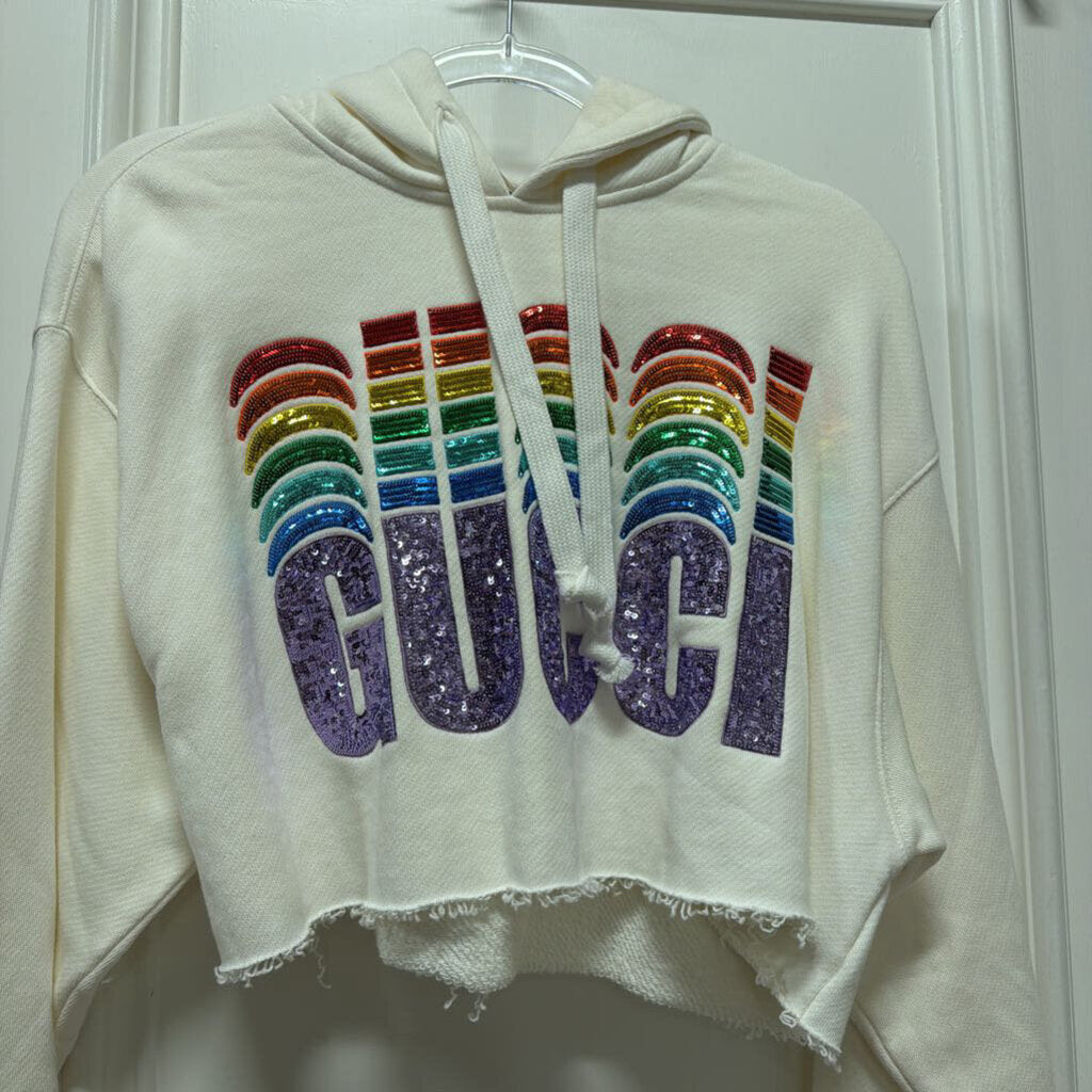 White/Multi Sequin Crop Logo Hoodie (WT)