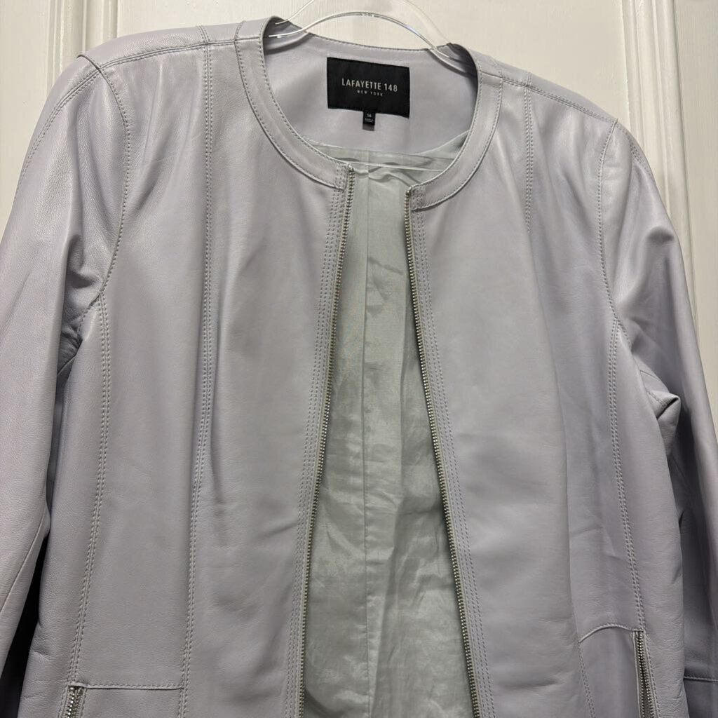 Light Blue Leather Zip Up Jacket, 14