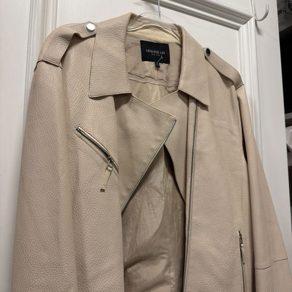 Cream Leather Moto Zip Up Jacket, 16