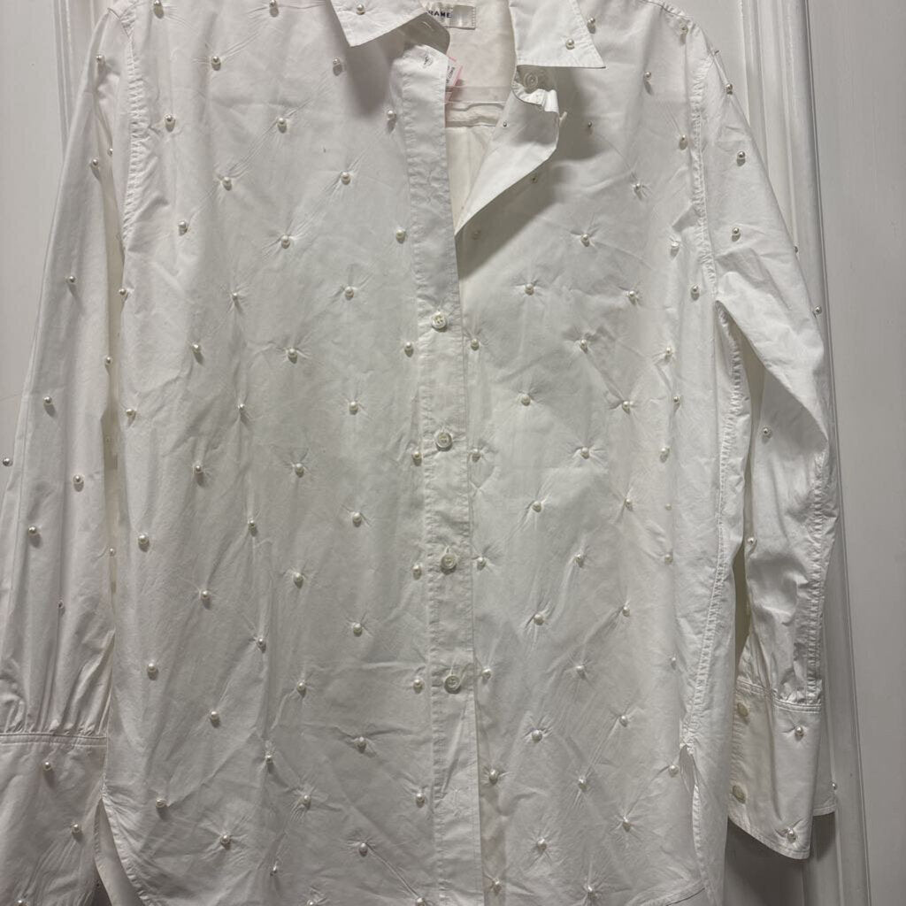 White Cotton Faux Pearl Button Down Shirt, XS