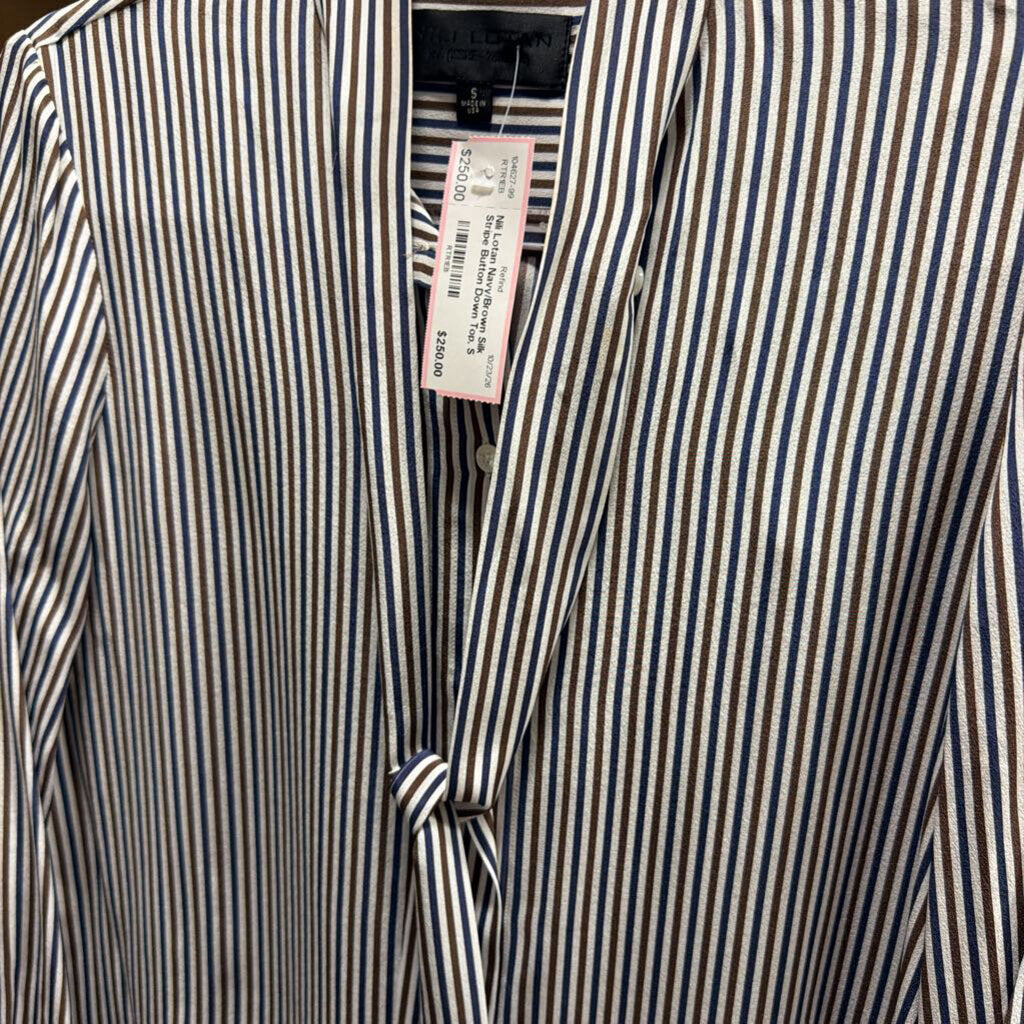 Navy/Brown Silk Stripe Button Down Top, S
