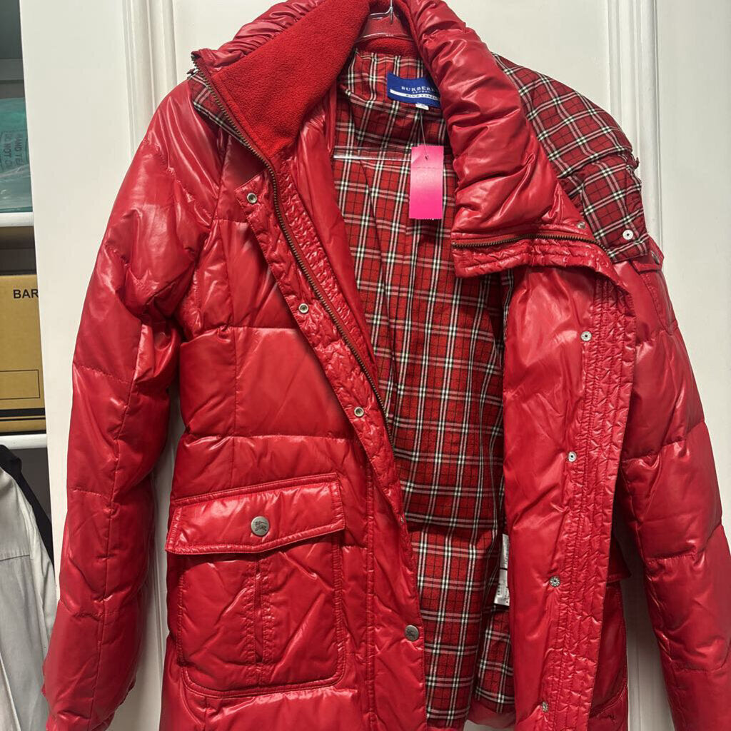 Red Nylon Puffer Jacket w/ Fur Trim, 40