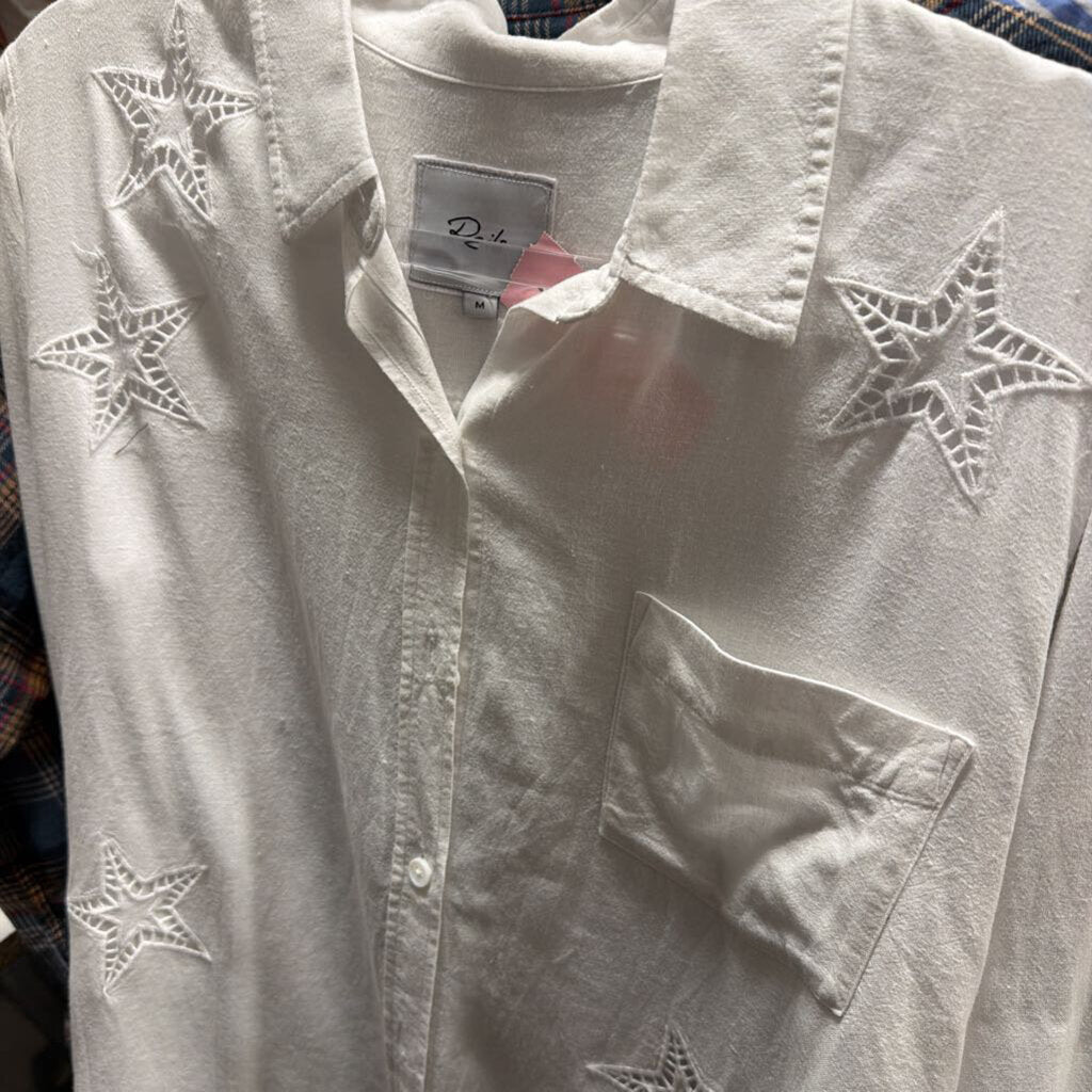 White Llinen Blend Star Button Up Top