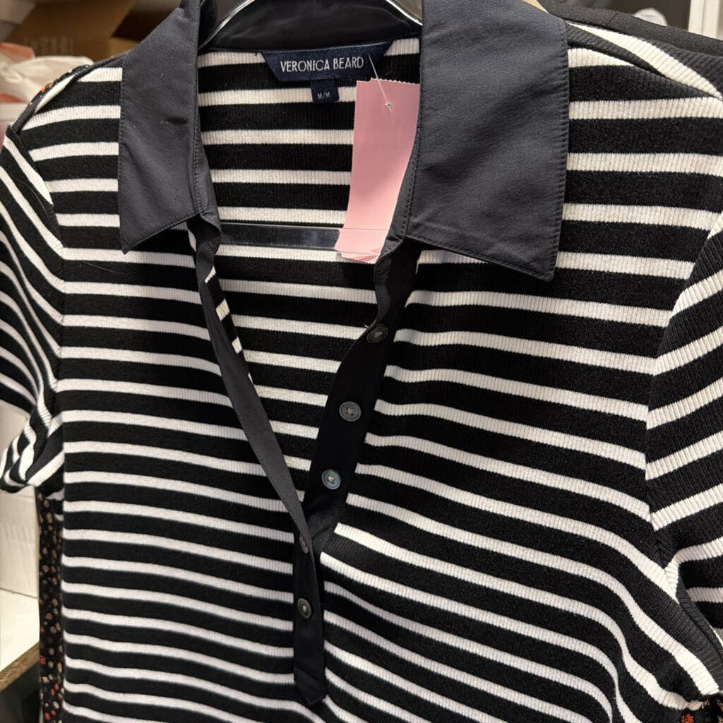 Black/White Stripe Cotton Polo Top