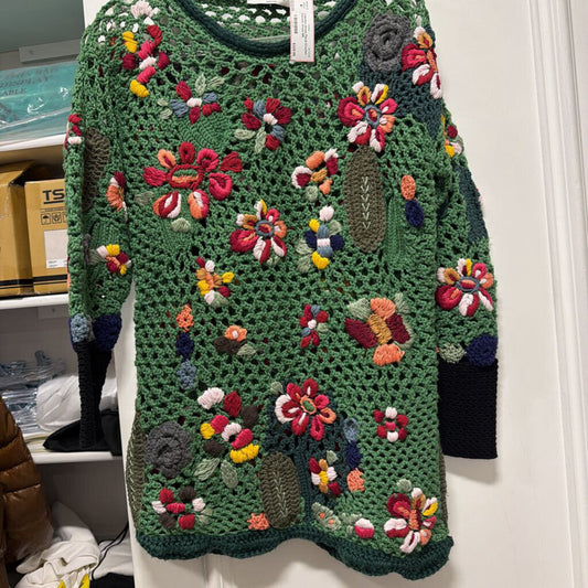 Green Floral Crochet Sweater Dress