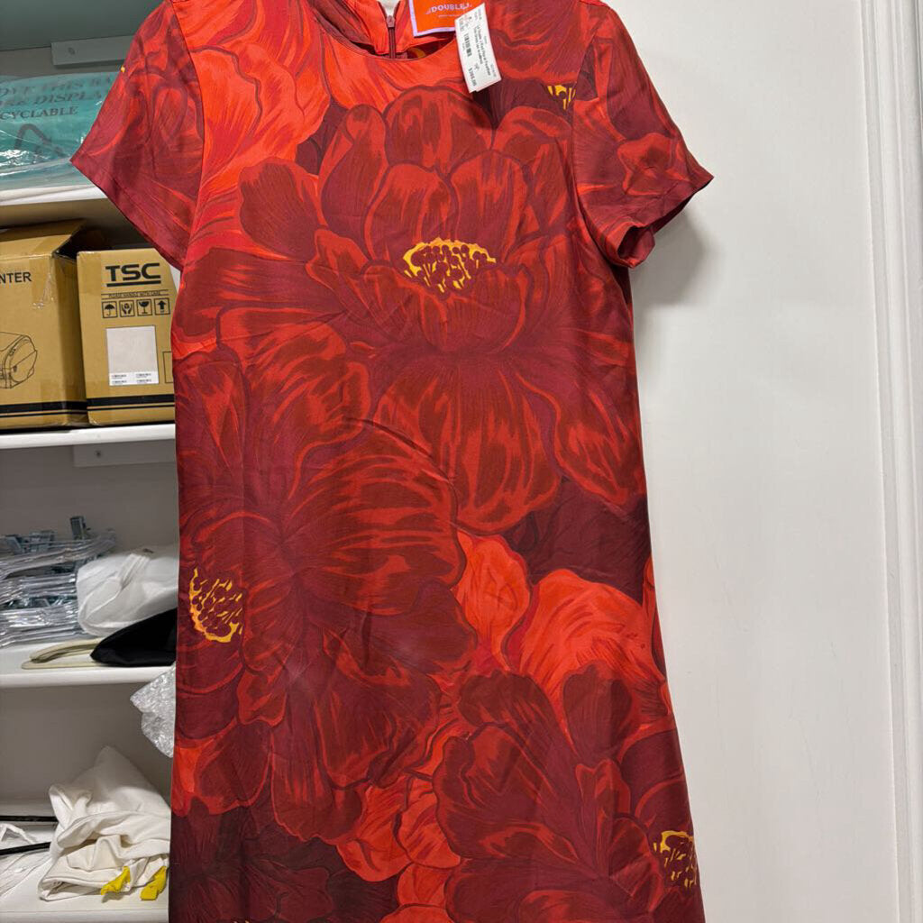 Red Floral Feather Trim Dress (as is-pilling)