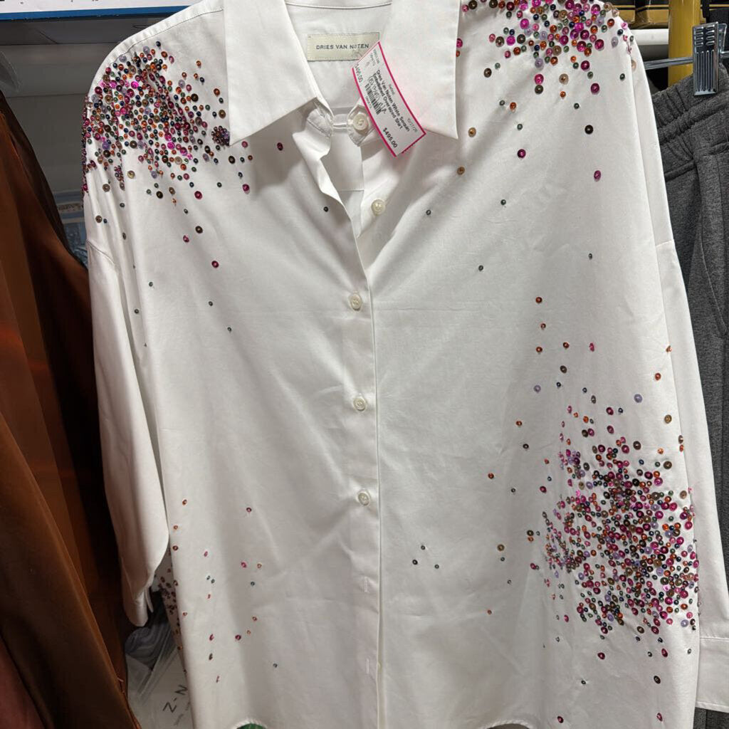 White Sequin Embellished Oversized Shirt (1360)