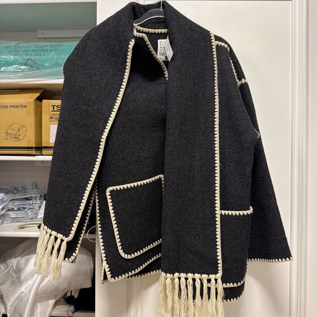 Charcoal Grey Embroidered Scarf Jacket