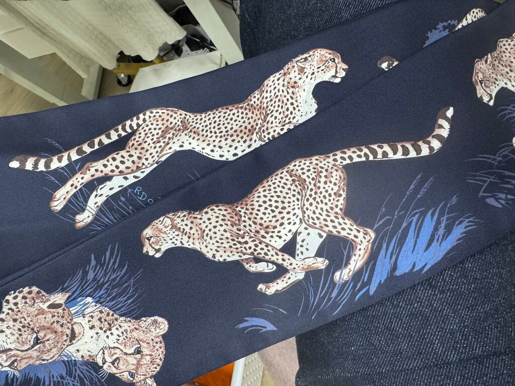 Navy "Guepards" Silk Ribbon Scarf