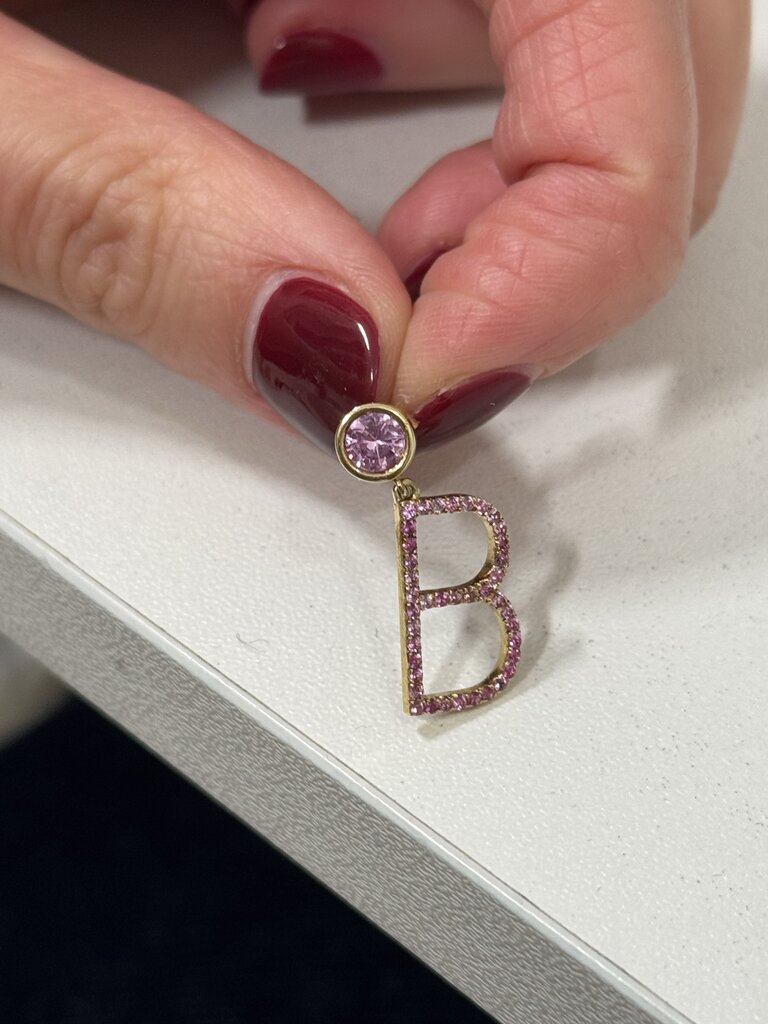14k Yellow Gold & Pink Sapphire "B" Single Earring (1080 retail)