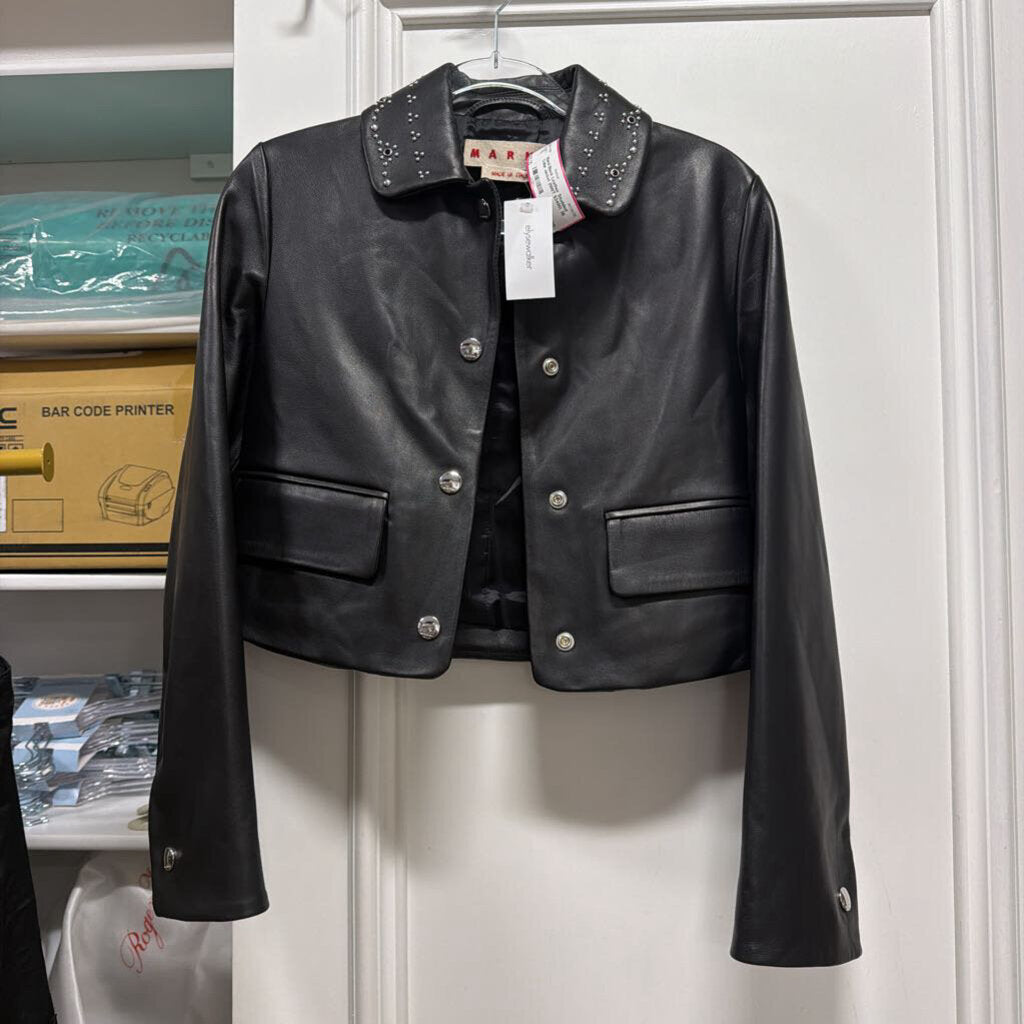 Black Leather Studded Collar Jacket (NWT $3400)