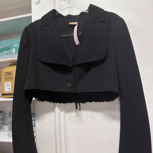 Black Wool Crop Blazer Pleated Back